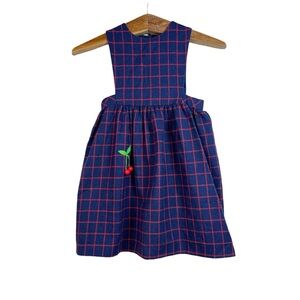 Vintage Girls Blue Red Plaid Pinafore Cherry Dress Size 6 Wool Blend Prairie